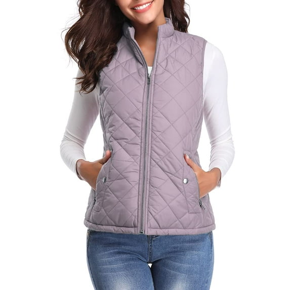 Fuinloth Women Quilted Vest, Stand Collar Lightweight Zip Padded Gilet Outerwear Coats Lavender M