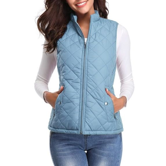 Fuinloth Women Quilted Vest, Stand Collar Lightweight Zip Padded Gilet Outerwear Coats Light Blue XS