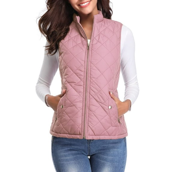 Fuinloth Women Quilted Vest, Stand Collar Lightweight Zip Padded Gilet Outerwear Coats Pink S