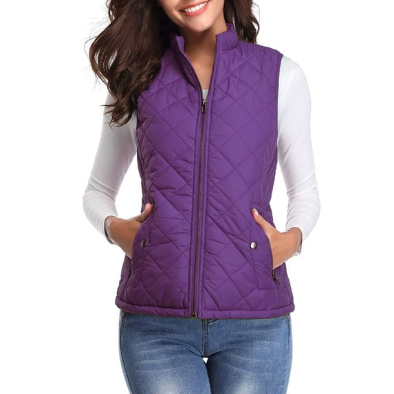 Sinrella Women Quilted Vest, Stand Collar Lightweight Zip Padded Gilet Outerwear Coats Purple XS