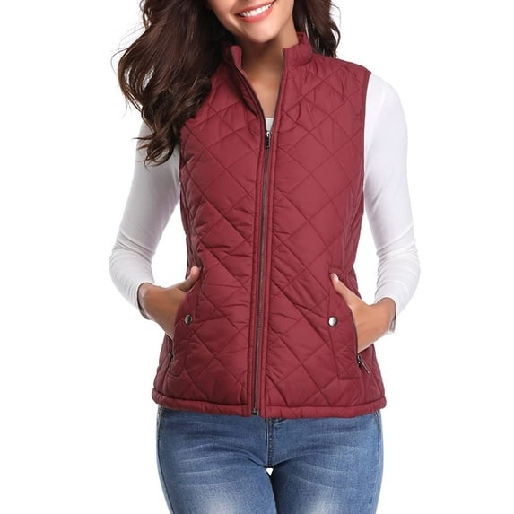 Sinrella Women Quilted Vest, Stand Collar Lightweight Zip Padded Gilet Outerwear Coats Wine Red S