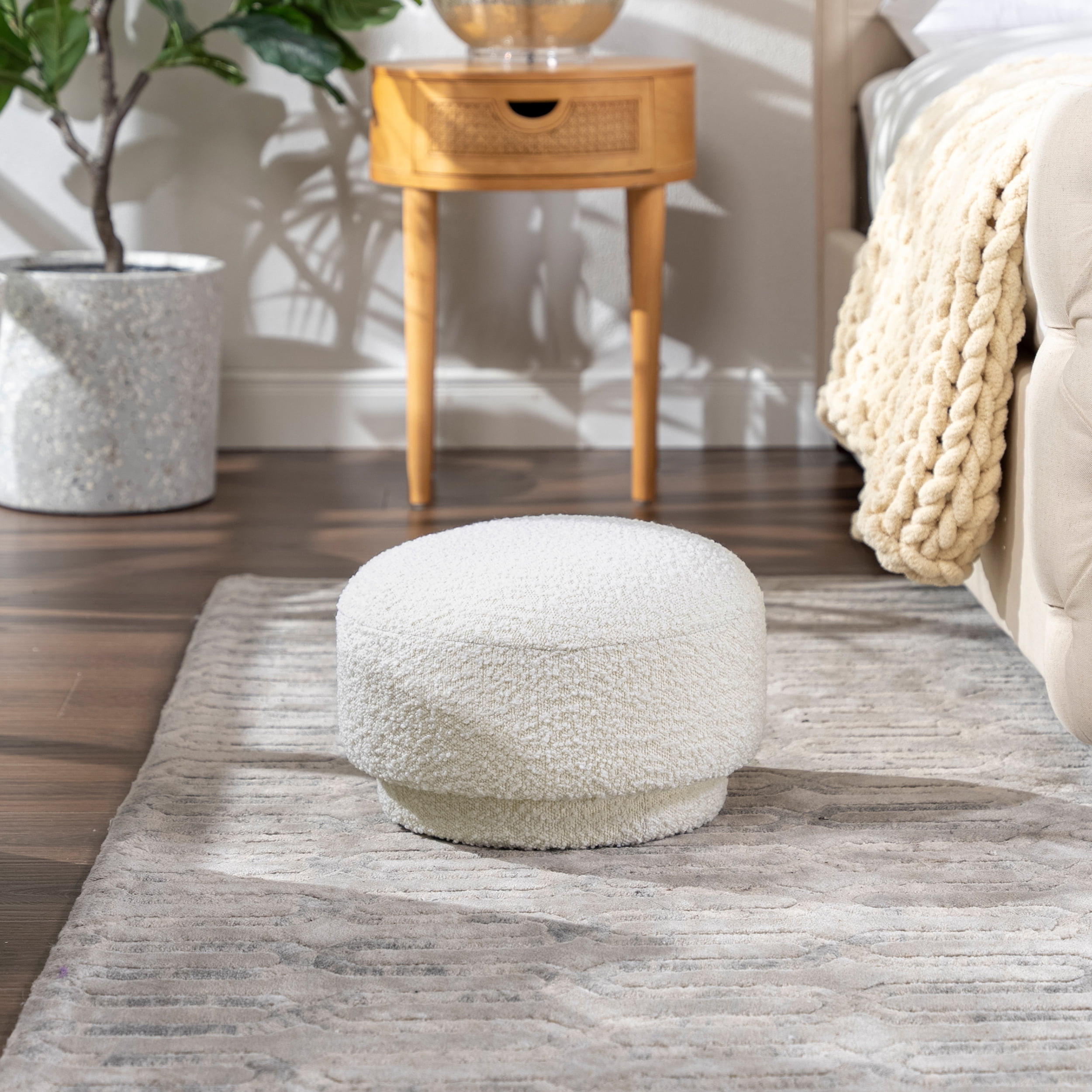 Ivory White Boucle Round Mushroom Ottoman, Small