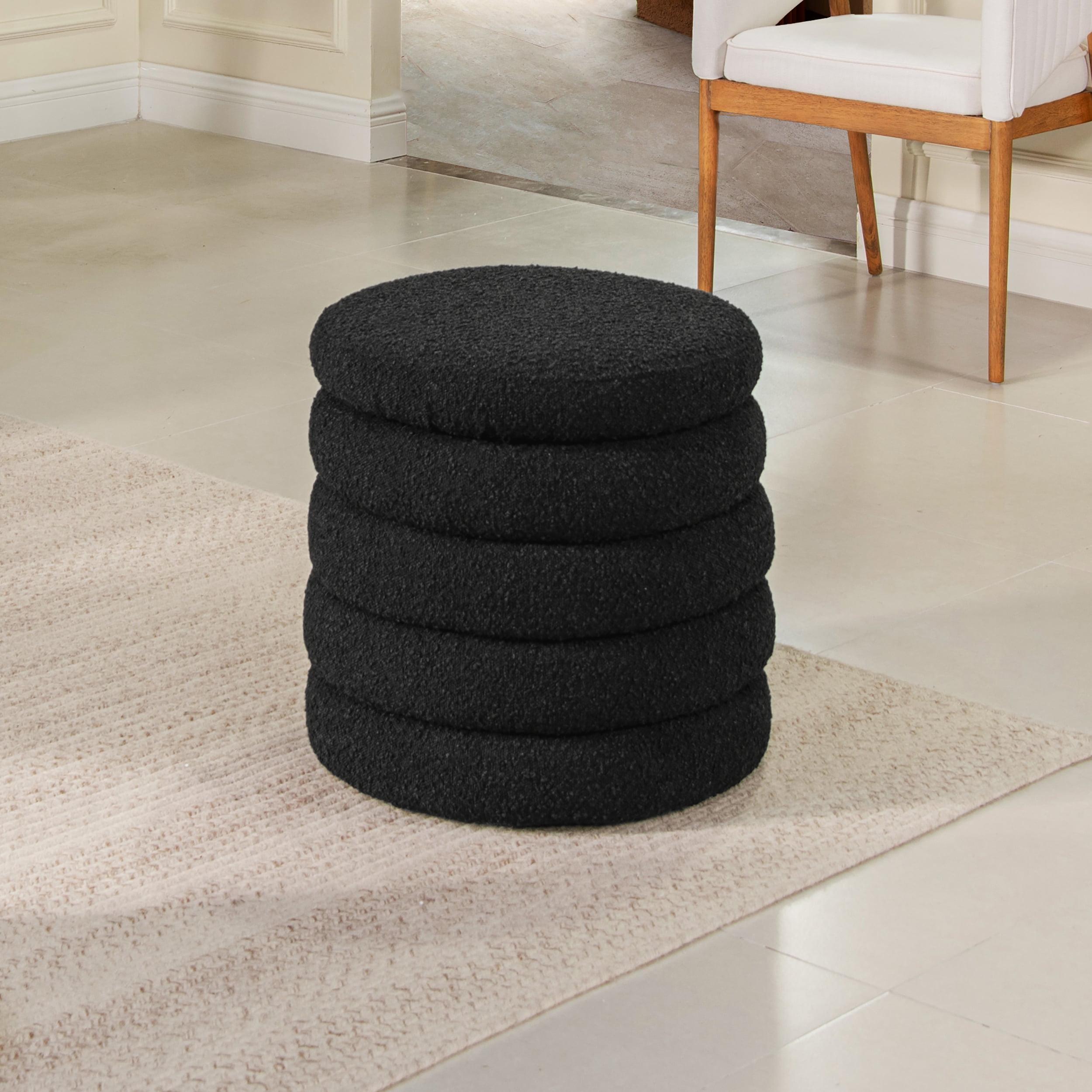 Ebony Black Boucle Round Storage Ottoman with Gathered Embellishment