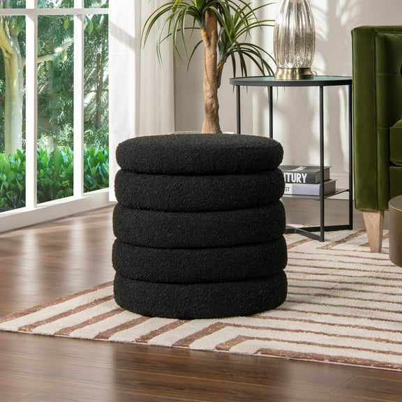 Fuji 19" Oversized Round Storage Ottoman, Ebony Black