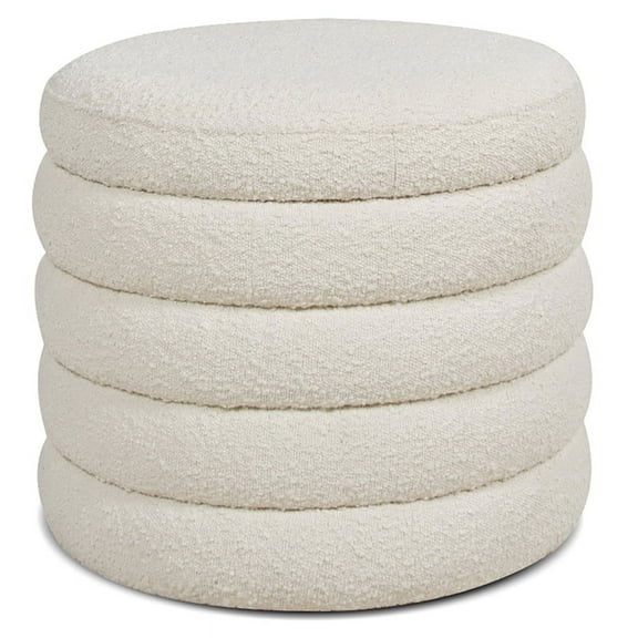 Fuji 22" Upholstered Boucle Round Storage Ottoman Ivory White