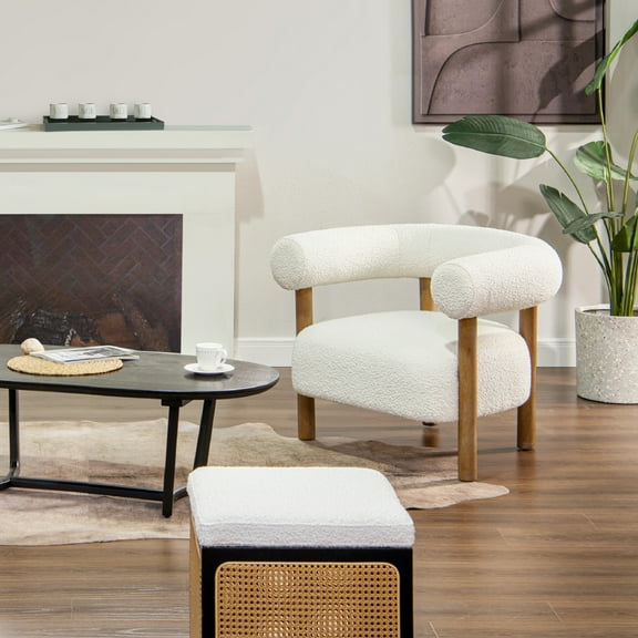 Fuji 37" Mid Century Modern Barrel Accent Arm Chair, Ivory White Boucle