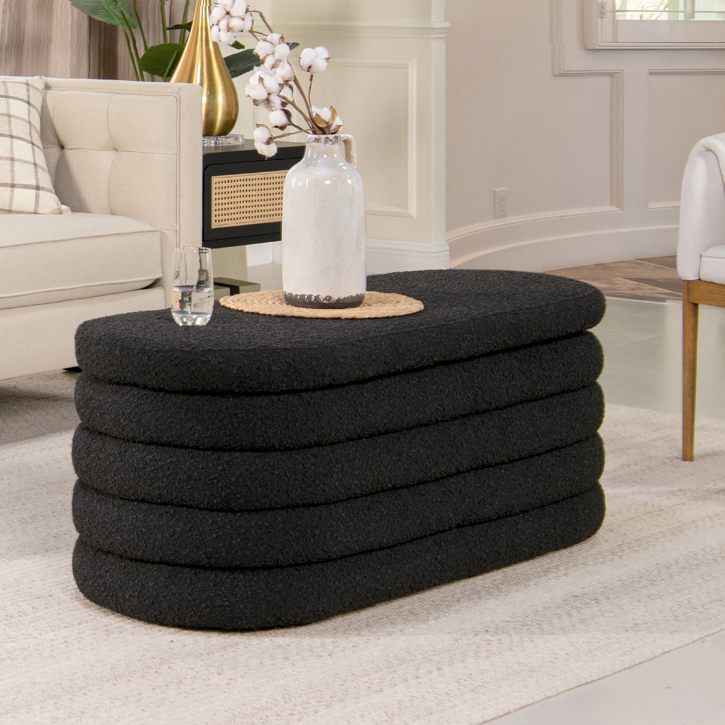 Ebony Black Boucle Upholstered Oval Storage Bench with Hinged Lid