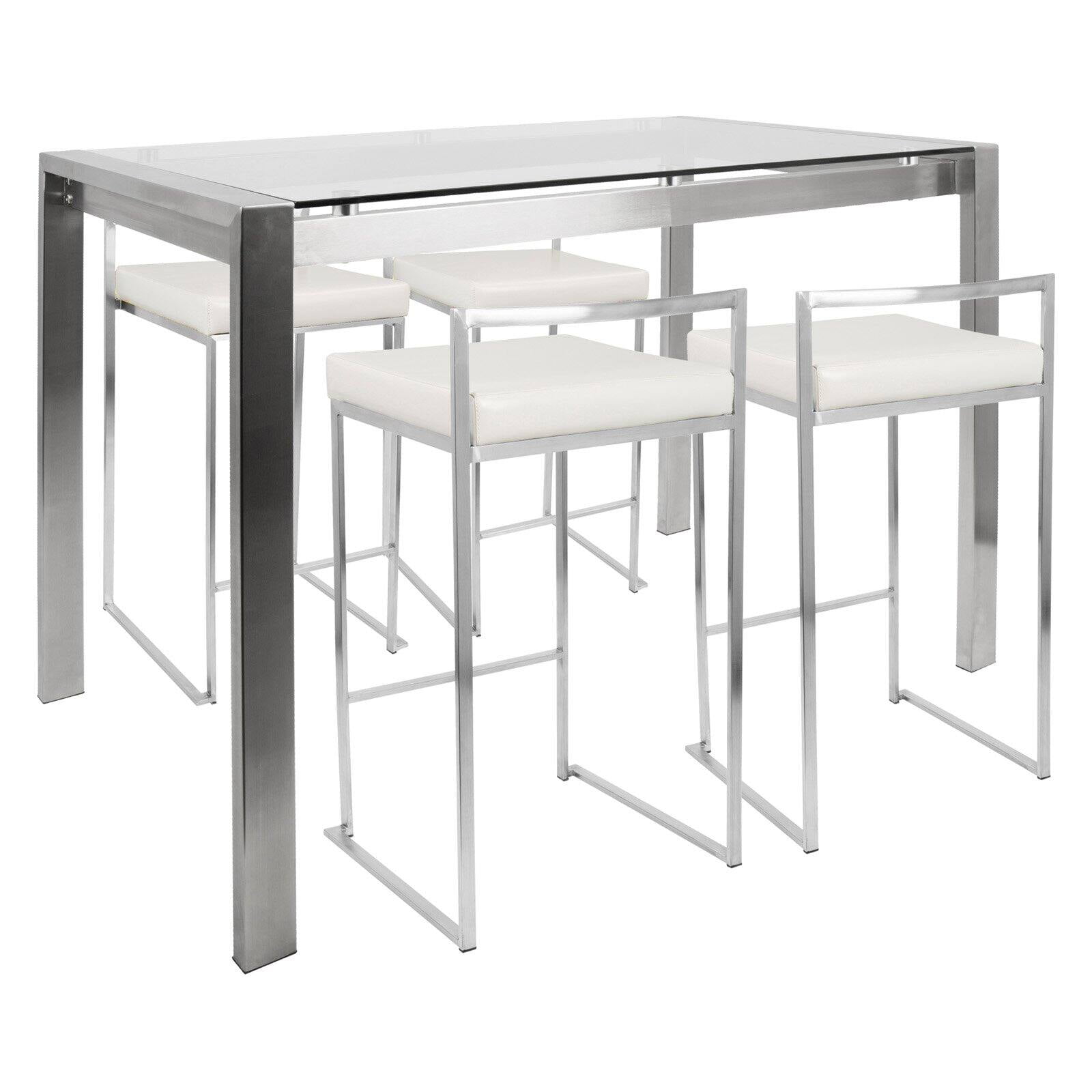 Fuji 5 Piece Contemporary Counter Height Dining Set in Stainless Steel and White by LumiSource