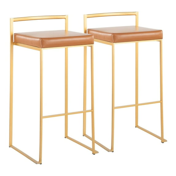 Fuji Contemporary Barstool In Gold With Camel Faux Leather - Set Of 2