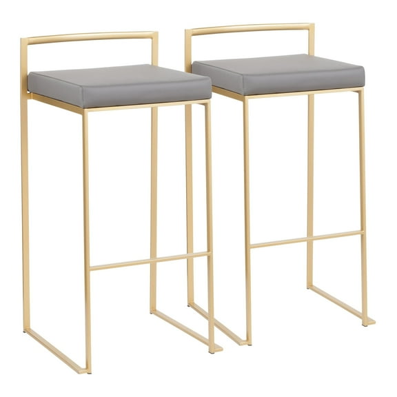 Fuji Contemporary Barstool in Gold with Grey Faux Leather by LumiSource - Set of 2