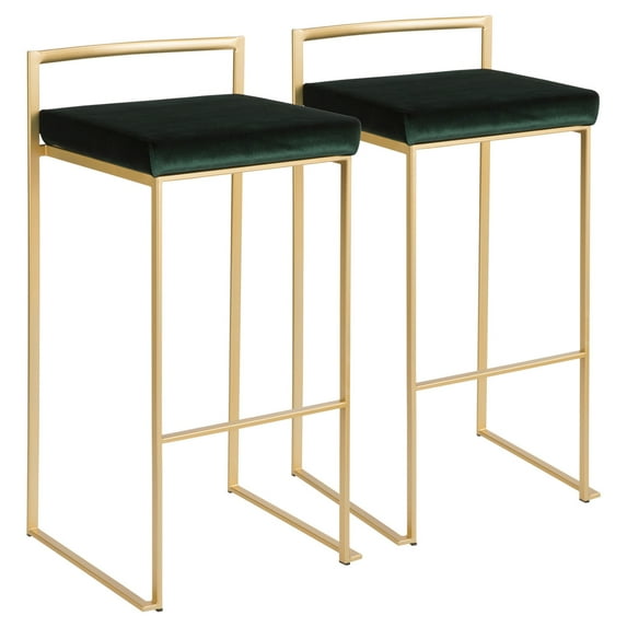 Fuji Contemporary-Glam Stackable Barstool in Gold with Green Velvet Cushion by LumiSource - Set of 2