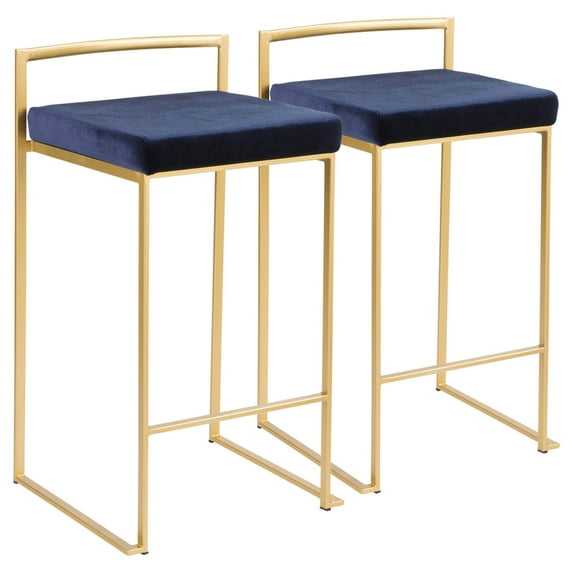 Fuji Contemporary-Glam Stackable Counter Stool In Gold With Blue Velvet Cushion - Set Of 2