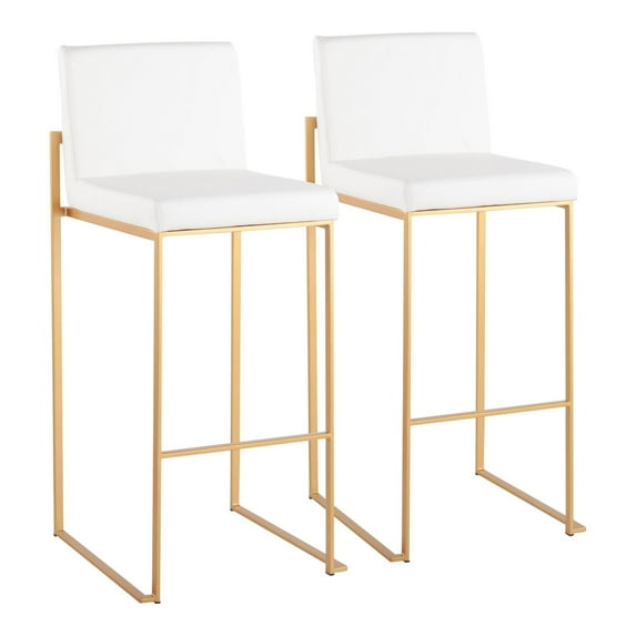 Fuji Contemporary High Back Barstool In Gold Steel And White Faux Leather - Set Of 2
