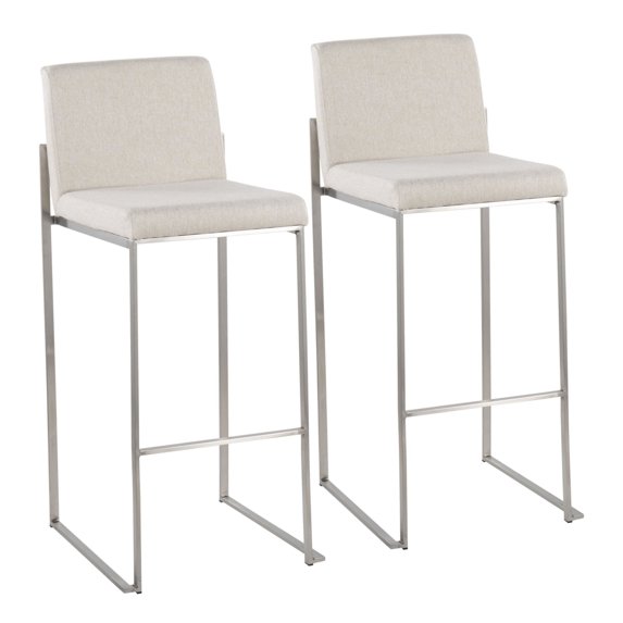 Fuji Contemporary High Back Barstool In Stainless Steel And Beige Fabric - Set Of 2