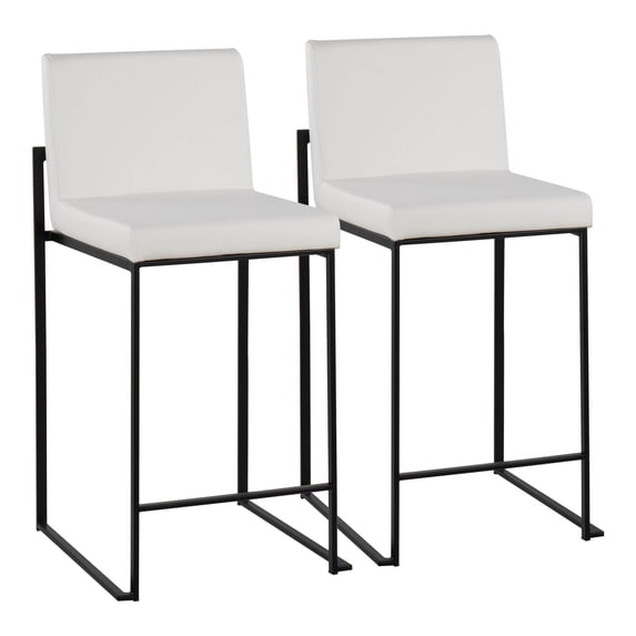 Fuji Contemporary High Back Counter Stool In Black Steel And White Faux Leather - Set Of 2