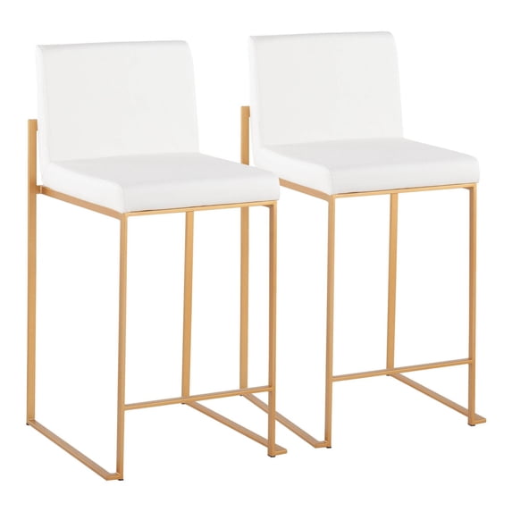 Fuji Contemporary High Back Counter Stool In Gold Steel And White Faux Leather - Set Of 2