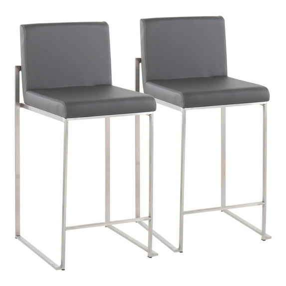 Fuji Contemporary High Back Counter Stool In Stainless Steel And Grey Faux Leather - Set Of 2