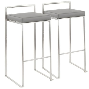 Fuji Contemporary Stackable Barstool in Stainless Steel with Grey Faux Leather Cushion by LumiSource - Set of 2