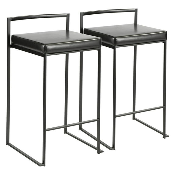 Fuji Contemporary Stackable Counter Stool In Black With Black Faux Leather Cushion - Set Of 2