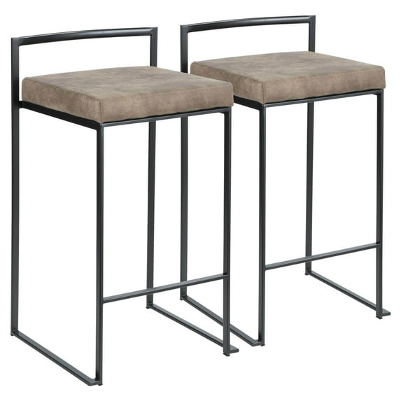 Fuji Contemporary Stackable Counter Stool In Black With Brown Cowboy Fabric Cushion - Set Of 2