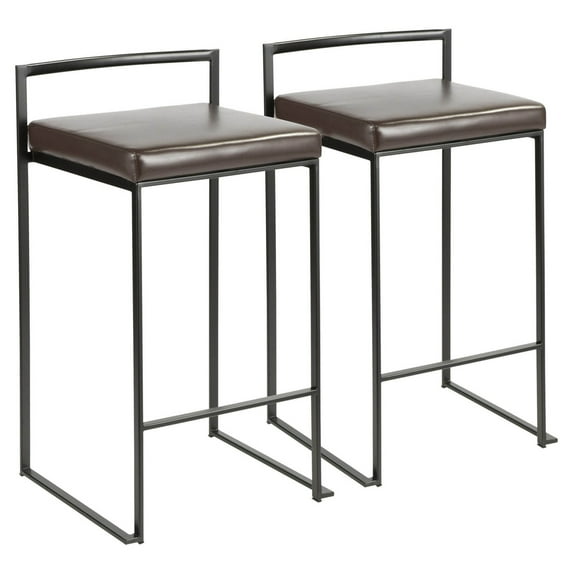 Fuji Contemporary Stackable Counter Stool In Black With Brown Faux Leather Cushion - Set Of 2