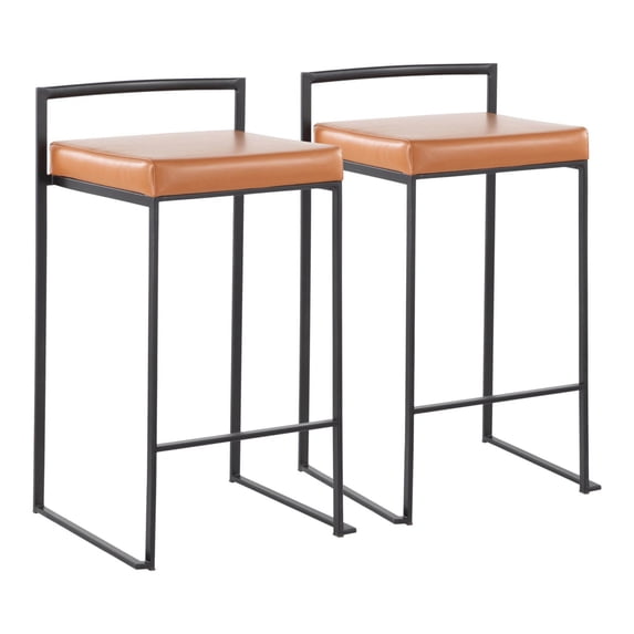 Fuji Contemporary Stackable Counter Stool In Black With Camel Faux Leather Cushion - Set Of 2