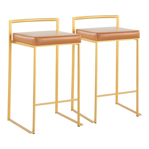 Fuji Contemporary Stackable Counter Stool In Gold With Camel Faux Leather Cushion - Set Of 2