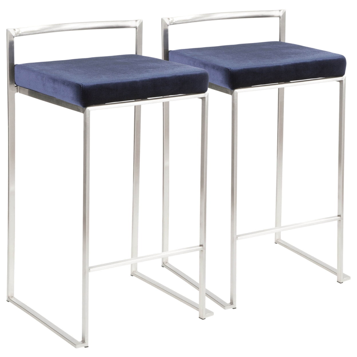 Sleek Stainless Steel Counter Stool with Blue Velvet Cushion - Set of 2