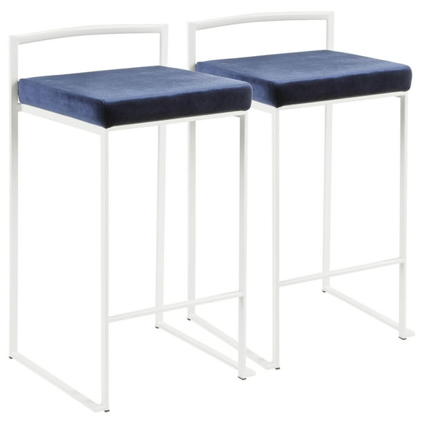 Fuji Contemporary Stackable Counter Stool In White With Blue Velvet