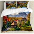 thumbnail image 1 of Fuji Duvet Cover Set Queen Size, View of Oshino Historic Thatch Houses with Mountain Fuji on the Background Japanese, 3 Piece Bedding Set with 2 Pillow Shams, Multicolor, by Ambesonne, 1 of 3