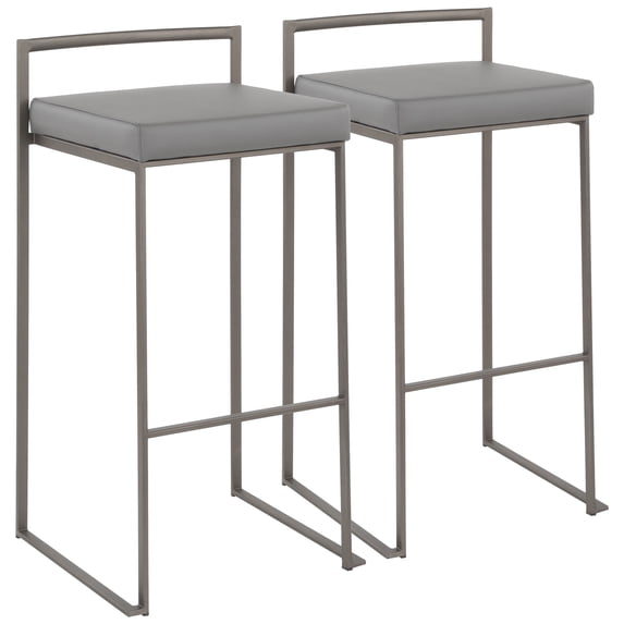 Fuji Industrial Stackable Barstool in Antique with Grey Faux Leather Cushion by LumiSource - Set of 2