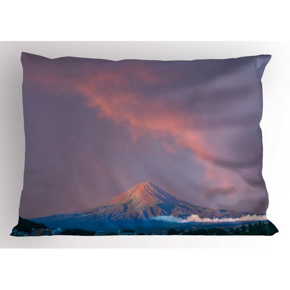 Fuji Pillow Sham, Beautiful Sunrise Beams on Volcanic Formation, Decorative Standard Size Printed Pillowcase, 26" X 20", Coral Mauve Dark Sky Blue and Dark Reseda Green, by Ambesonne