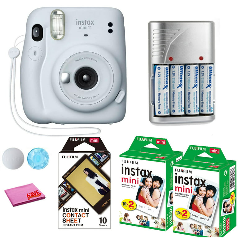 FujiFilm Instax Mini 11 Instant Camera Ice White (16654798) + 2x Instax  Mini Twin Pack Film (40 Sheets) + Instax Mini Contact Sheet Film (10  Sheets) + Rechargeable Batteries 