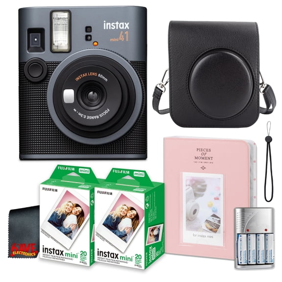 FujiFilm Instax Mini 41 Instant Camera Bundle With Fuji Instax-Instant-mini Film Value Pack (40 Sheets) + Photo Album 64 Pockets + Vintage Style Compatible Carrying Case Black + More