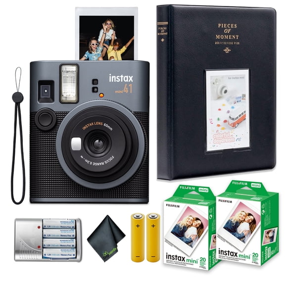 FujiFilm Instax Mini 41 Instant Film Camera Bundle With 2x Fuji Instax-Instant-mini Film Value Pack (40 Sheets) + 4x Rechargeable AA Batteries With Charger + Photo Album 64 Pockets + More