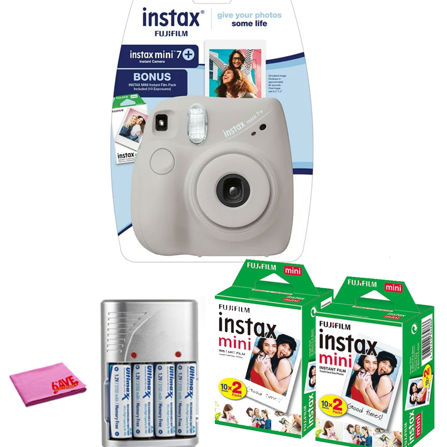 FujiFilm Instax Mini 7+ Instant Camera, Gray Bundle + (10 Film Pack) + 2x  Instax Mini Twin Pack Film (50 Sheets Total) + Rechargeable Batteries 