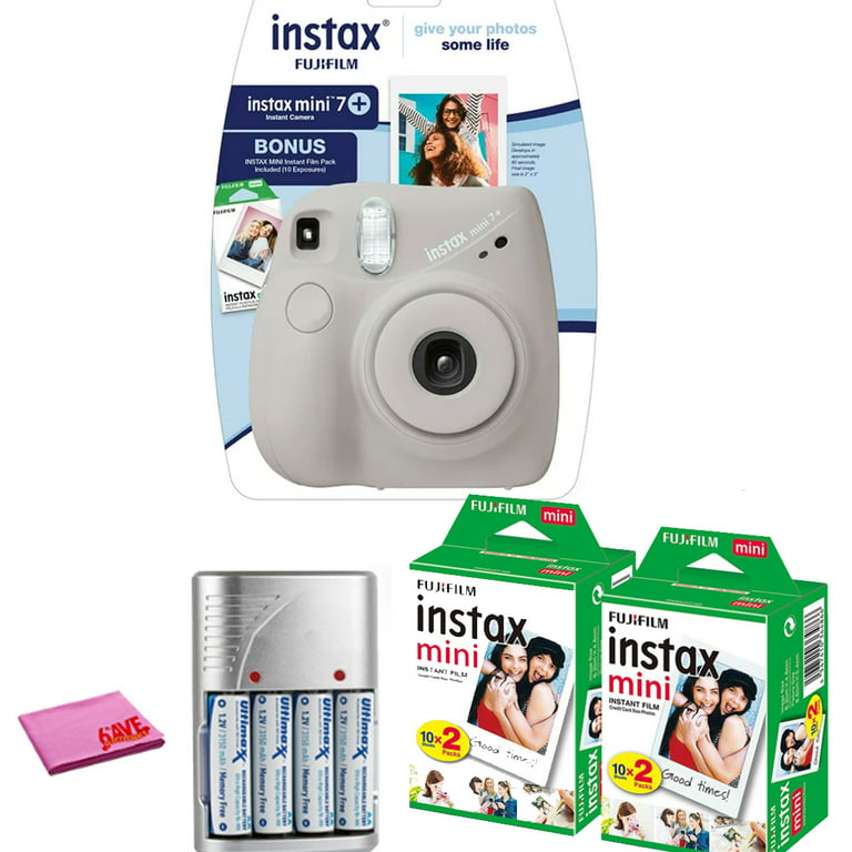 FujiFilm Instax Mini 7+ Instant Camera, Gray Bundle + (10 Film Pack) + 2x  Instax Mini Twin Pack Film (50 Sheets Total) + Rechargeable Batteries