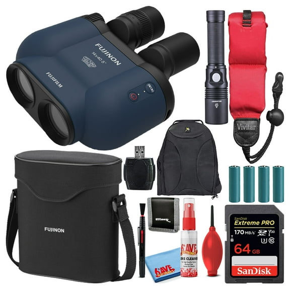 Fujifilm Fujinon 14x40 TSX1440 Techno-Stabi Image-Stabilized Binoculars (Navy Blue) (16804721) Bundle with Sandisk 64GB Extreme PRO SD Card + Flashlight + Backpack + Floating Strap + Cleaning Kit