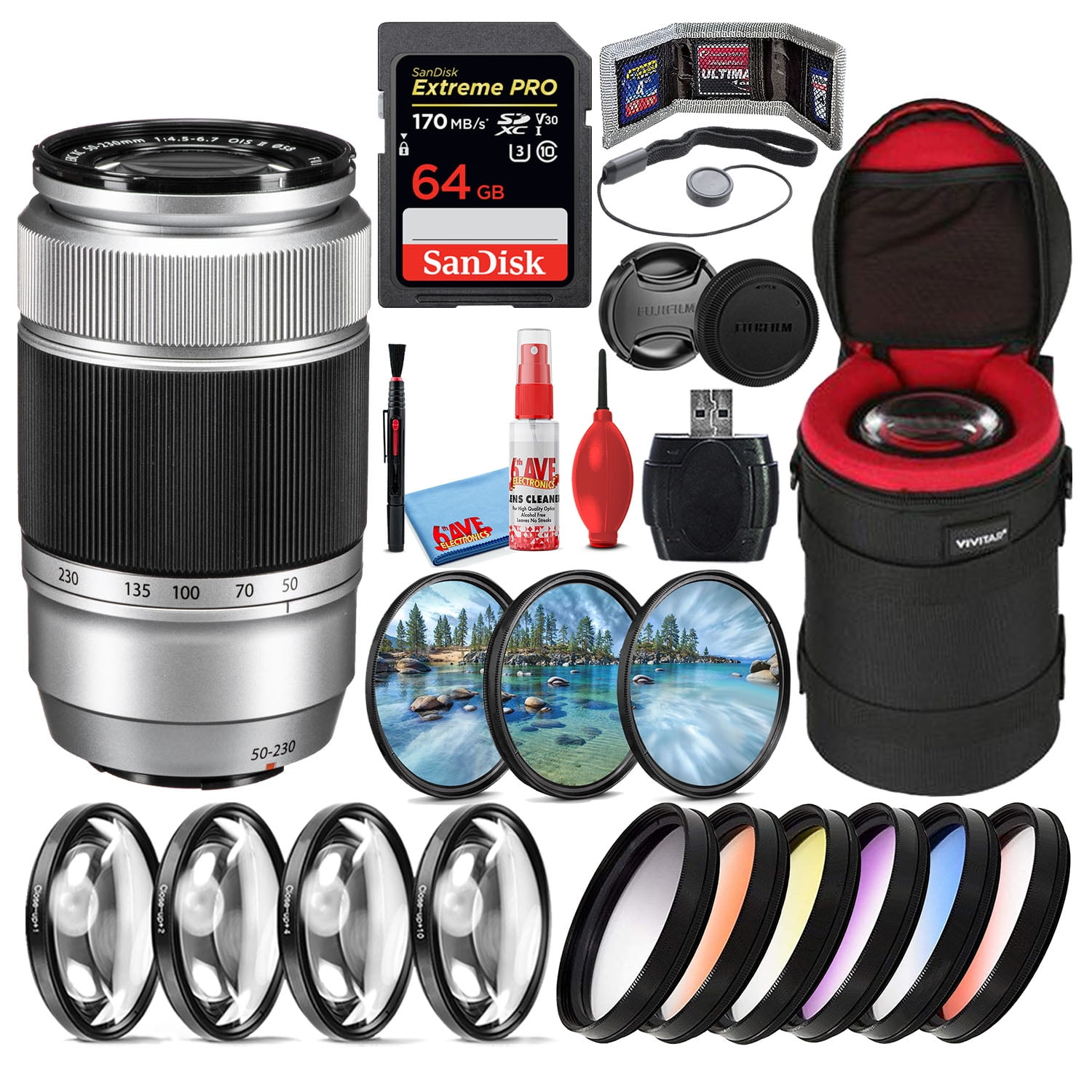 Fujifilm Fujinon XC 50-230mm f/4.5-6.7 OIS II Telephoto Lens (Silver)  (16460795) Bundle with SanDisk 64GB Extreme PRO SD Card + Close-Up Filters  +