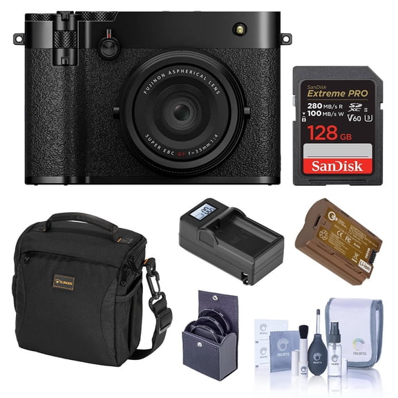 Fujifilm GFX100RF Digital Camera, Black, Bundle with 128GB Memory Card, Shoulder Bag, Extra Battery, Smart Charger Base and Plate, 49mm Filter Kit