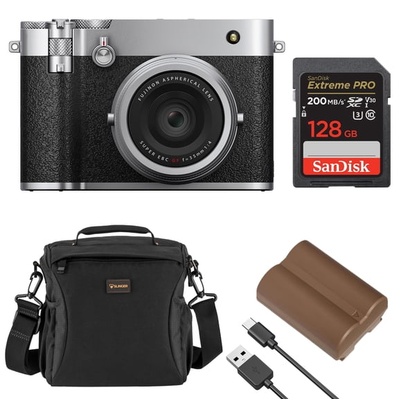 Fujifilm GFX100RF Digital Camera, Silver, Bundle with 128GB Memory Card, NP-W235 Battery and Shoulder Bag