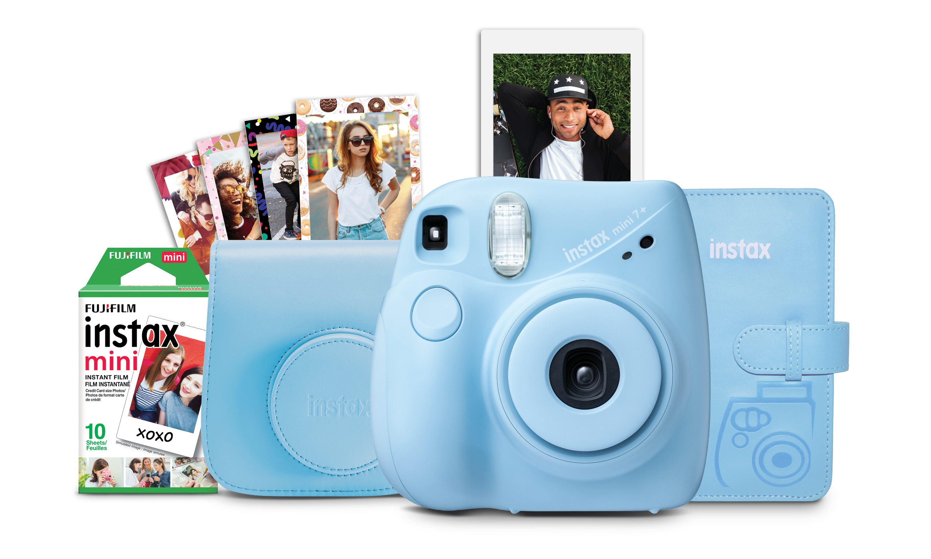 Fujifilm INSTAX Mini 7+ Bundle (10-Pack Film, Album, Camera Case, Stickers), Light Blue, Brand New Condition - image 1 of 8