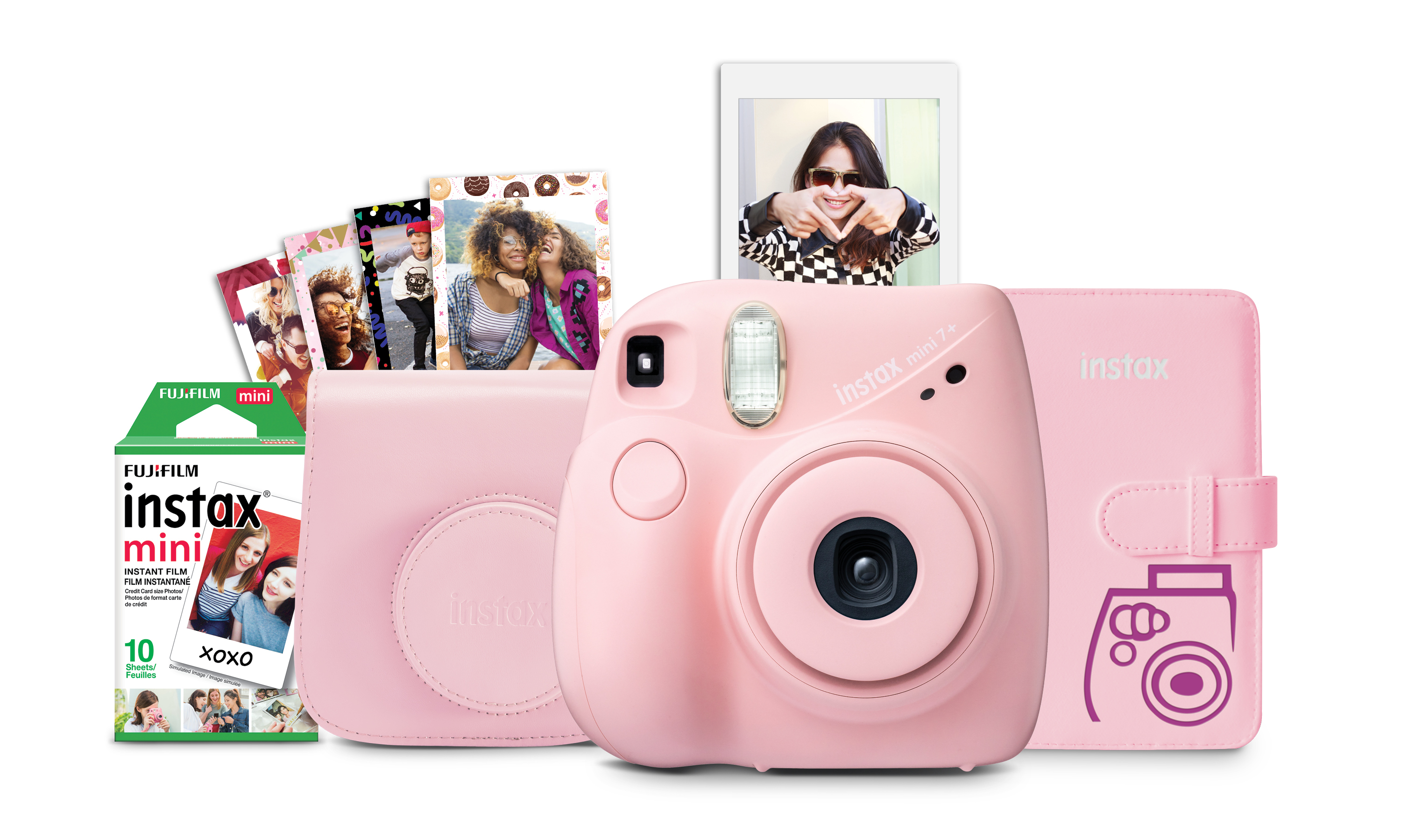 Fujifilm INSTAX Mini 7+ Bundle (10-Pack Film, Album, Camera Case, Stickers), Light Pink, Brand New Condition - image 1 of 11