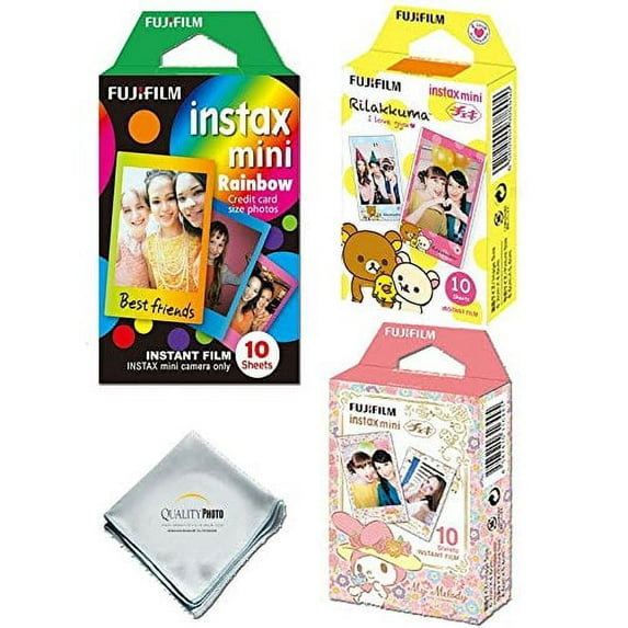 Fujifilm INSTAX Mini 8 Instant Film 3 Pack 30 SHEETS Assorted Combo Pack ? 10 Fuji Instax "Rainbow" Instant Film ? 10 Fuji Instax "My Melody" Instant Film ? 10 Fuji Instax "RiLakkuma" Instant Film!