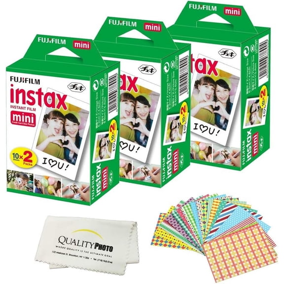Fujifilm INSTAX Mini Instant Film 6 Pack 60 SHEETS (White) For Fujifilm Mini 8 Cameras Bundled with custom instax FRAME STICKERS and Quality Photo Microfiber Cloth for mini 8 lens