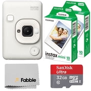 Fujifilm INSTAX Mini LiPlay Hybrid Instant Camera Misty White Bundle with 20 Sheets INSTAX Mini Film, 32GB microSD Card, USB Charging Cable, Hand Strap, Cleaning Cloth