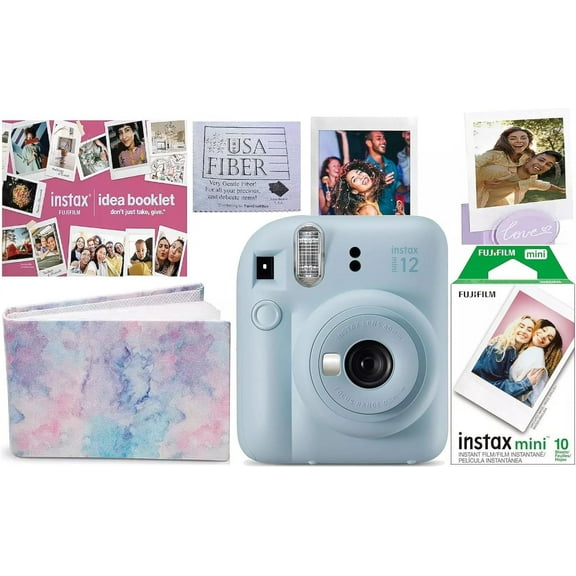 Fujifilm Instax Mini 12 Blue Holiday Bundle 2023 - Includes Camera, Film, Photo Album, DIY Booklet, Hand Strap, 2 AA Batteries & Cleaning Cloth