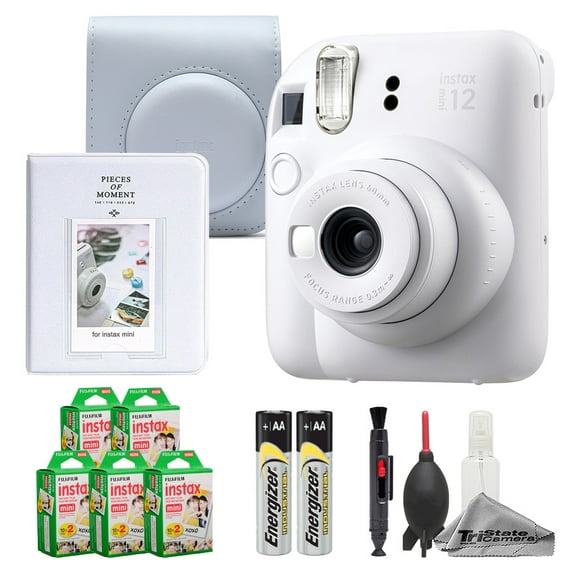 Fujifilm Instax Mini 12 Camera (Clay White) + Case + Instax Mini Instant Film (100 Sheets) + Cleaning Kit + Mini Photo Album