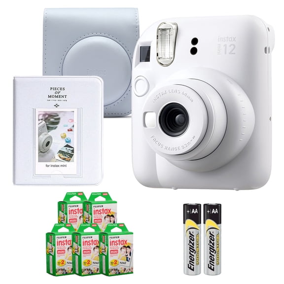 Fujifilm Instax Mini 12 Camera (Clay White) + Case + Instax Mini Instant Film (100 Sheets) + Mini Photo Album