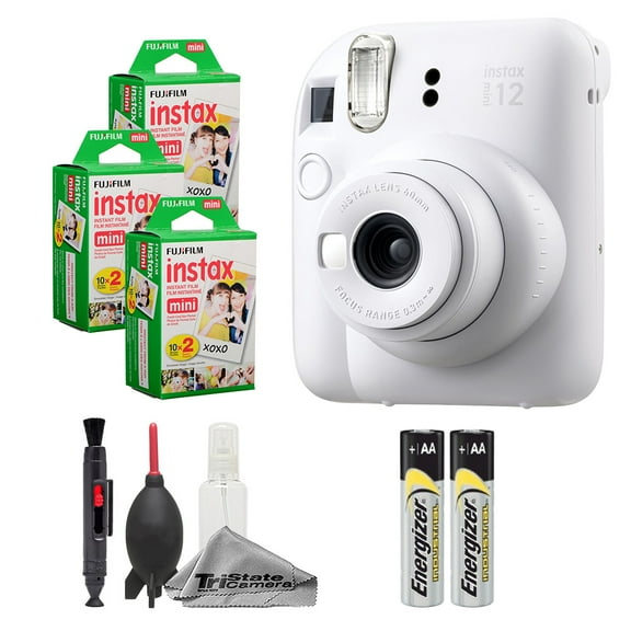 Fujifilm Instax Mini 12 Camera (Clay White) + Instax Mini Instant Film (60 Sheets) + Cleaning Kit